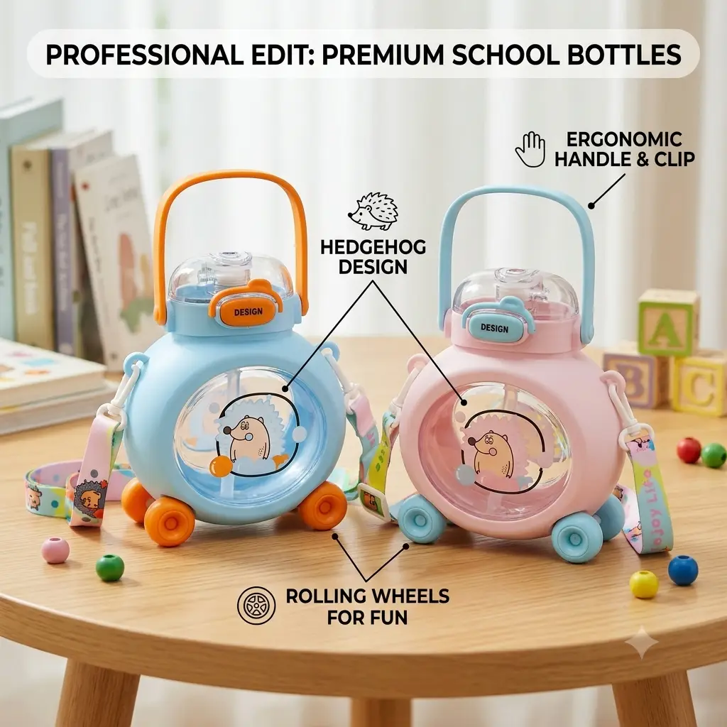 Little Hedgehog Children's Water Cup - 800ML Kids Cute Toy Car Design Water Bottle with Straw & Shoulder Strap