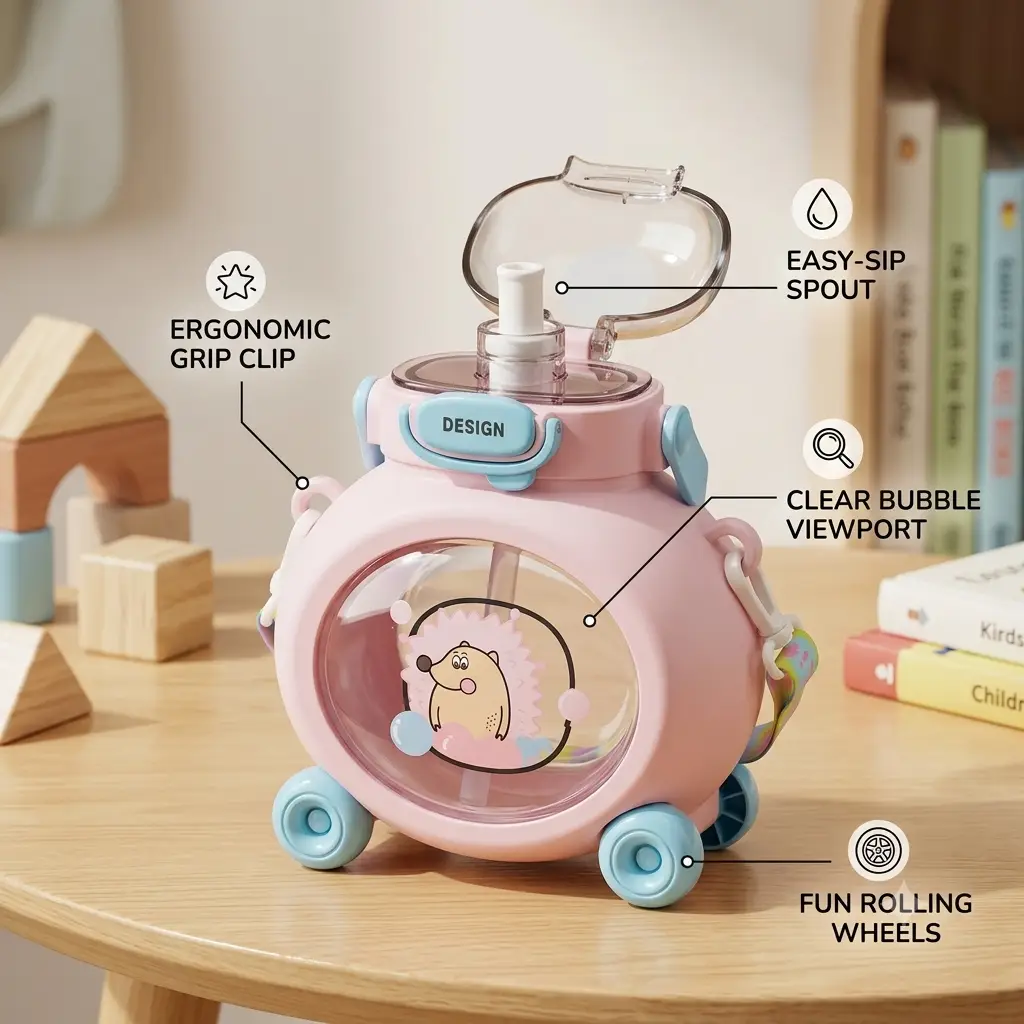 Little Hedgehog Children's Water Cup - 800ML Kids Cute Toy Car Design Water Bottle with Straw & Shoulder Strap