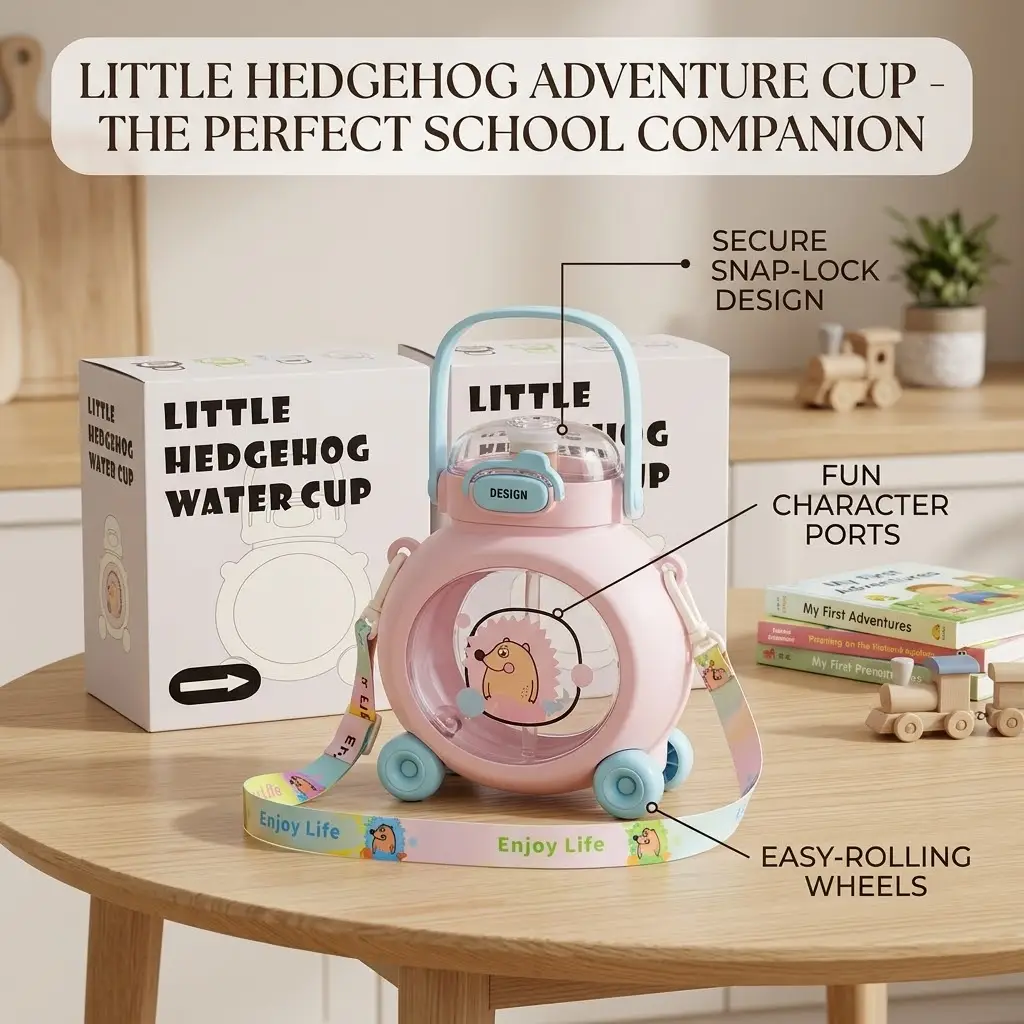 Little Hedgehog Children's Water Cup - 800ML Kids Cute Toy Car Design Water Bottle with Straw & Shoulder Strap