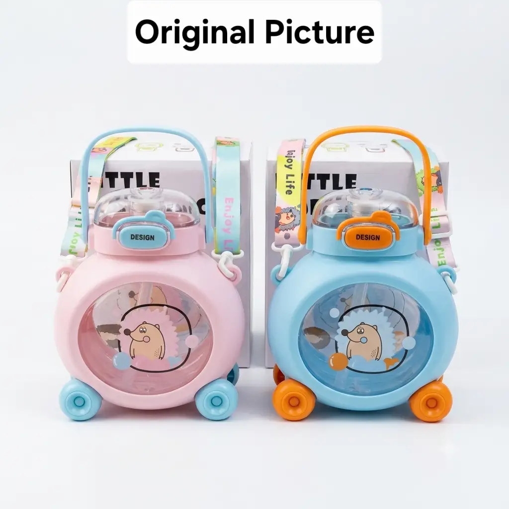 Little Hedgehog Children's Water Cup - 800ML Kids Cute Toy Car Design Water Bottle with Straw & Shoulder Strap