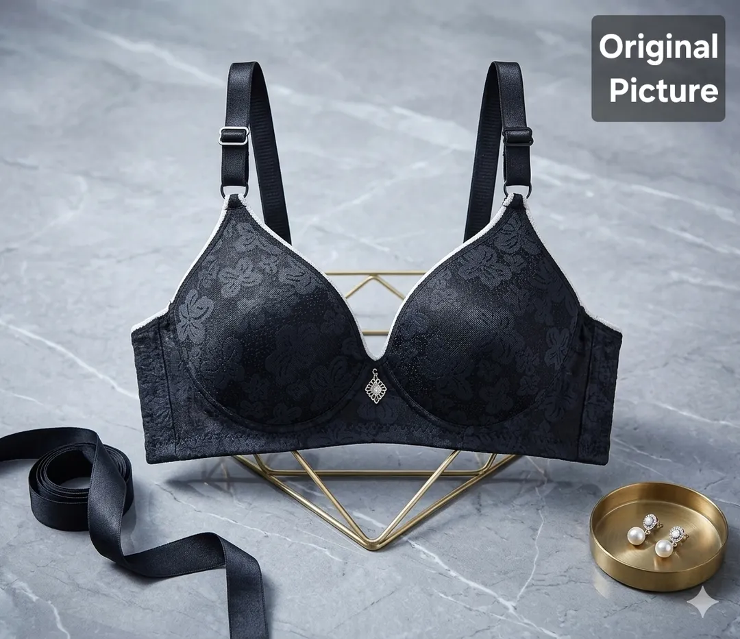 Black Silk Padded Bra with Floral Lace & Adjustable Straps