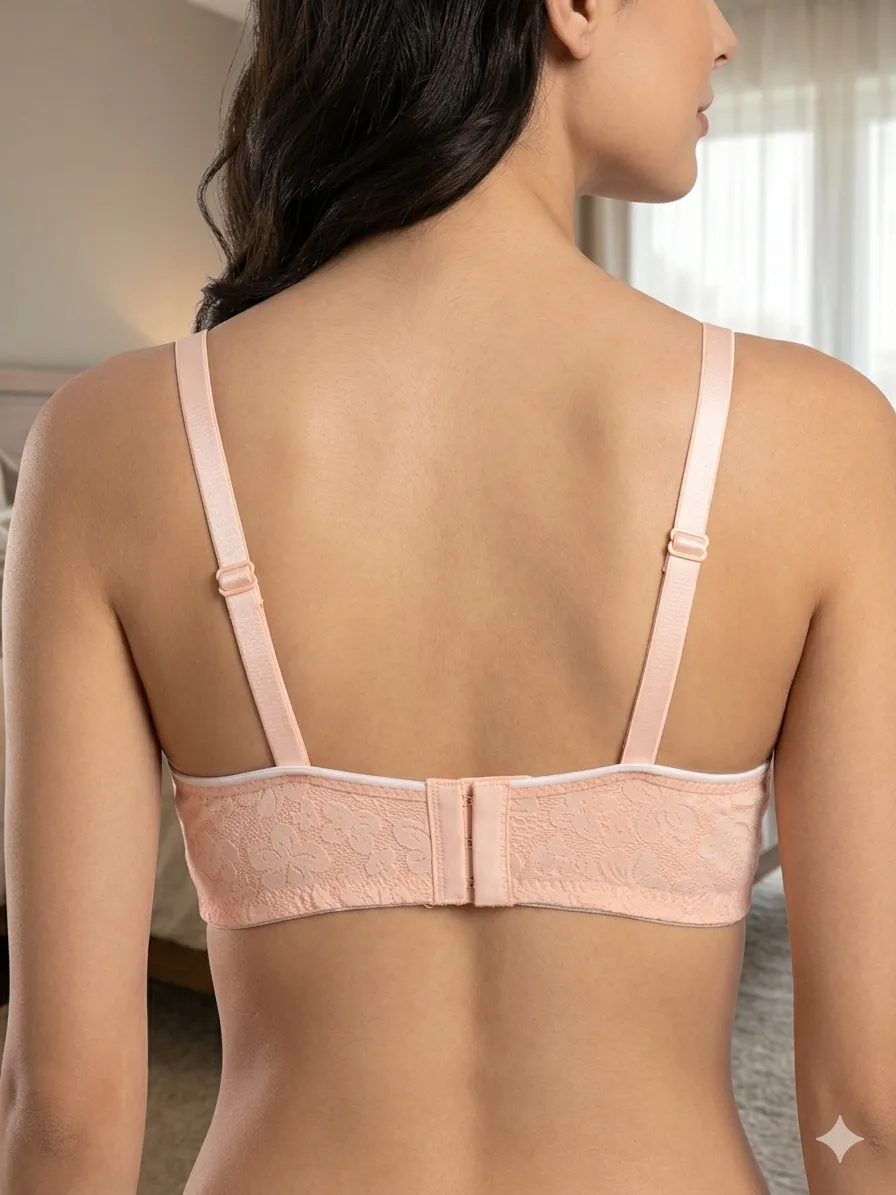 Peach Floral Lace Bra for Women, Silk, Lightweight, Adjustable Straps