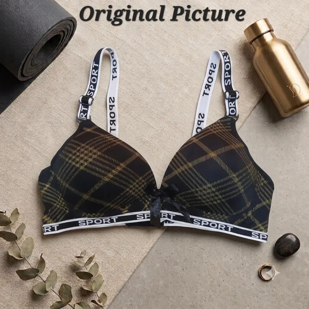Premium Plaid Print Padded Comfort Bra, Wireless Everyday Athleisure Bra with Trendy "SPORT" Elastic Straps
