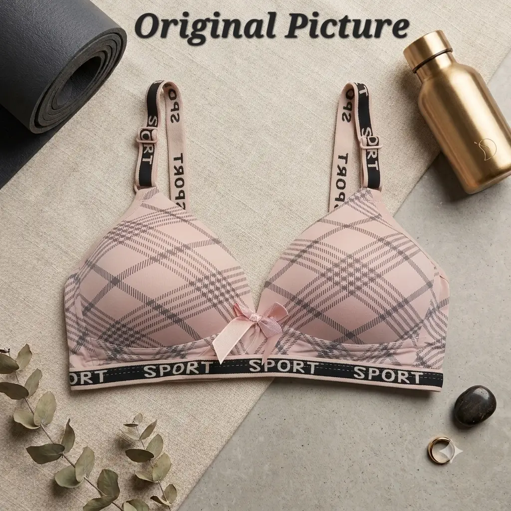Premium Plaid Print Padded Comfort Bra, Wireless Everyday Athleisure Bra with Trendy "SPORT" Elastic Straps