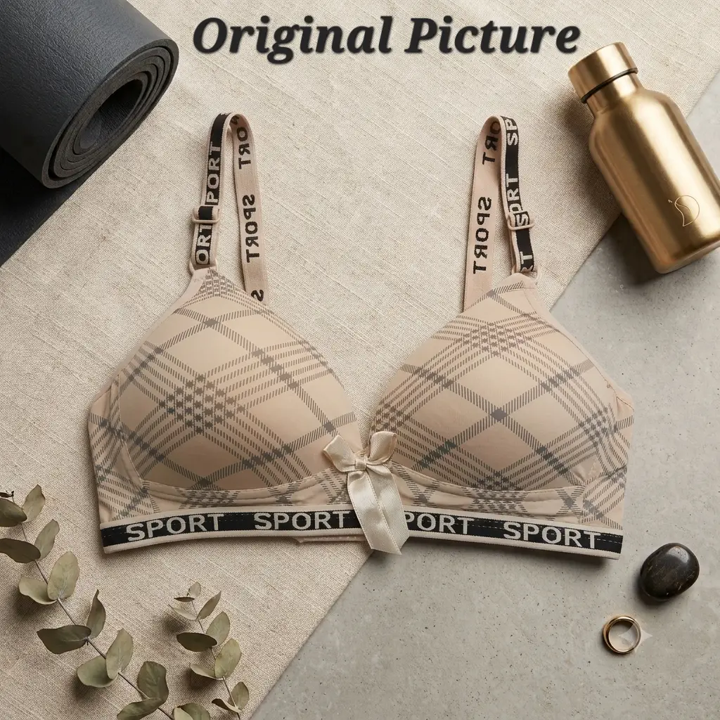 Premium Plaid Print Padded Comfort Bra, Wireless Everyday Athleisure Bra with Trendy "SPORT" Elastic Straps