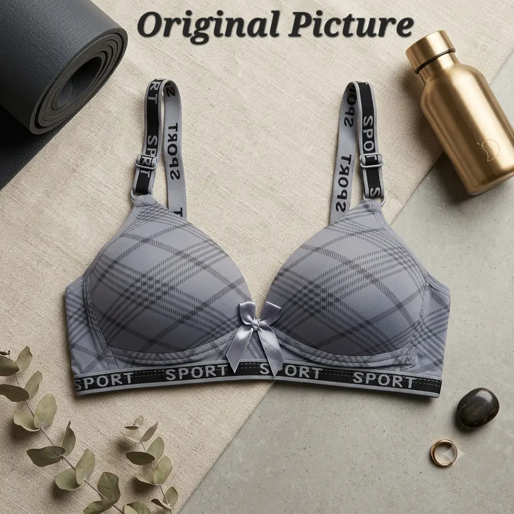Premium Plaid Print Padded Comfort Bra, Wireless Everyday Athleisure Bra with Trendy "SPORT" Elastic Straps