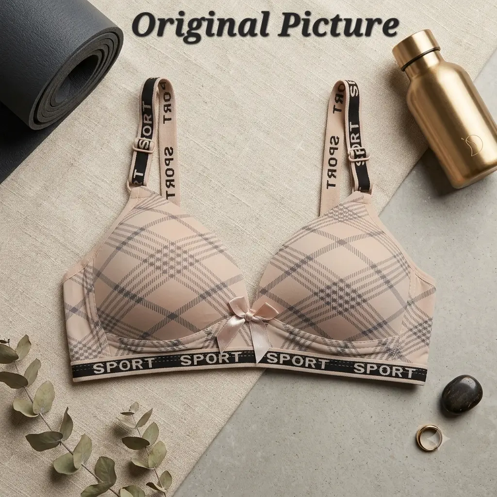 Premium Plaid Print Padded Comfort Bra, Wireless Everyday Athleisure Bra with Trendy "SPORT" Elastic Straps