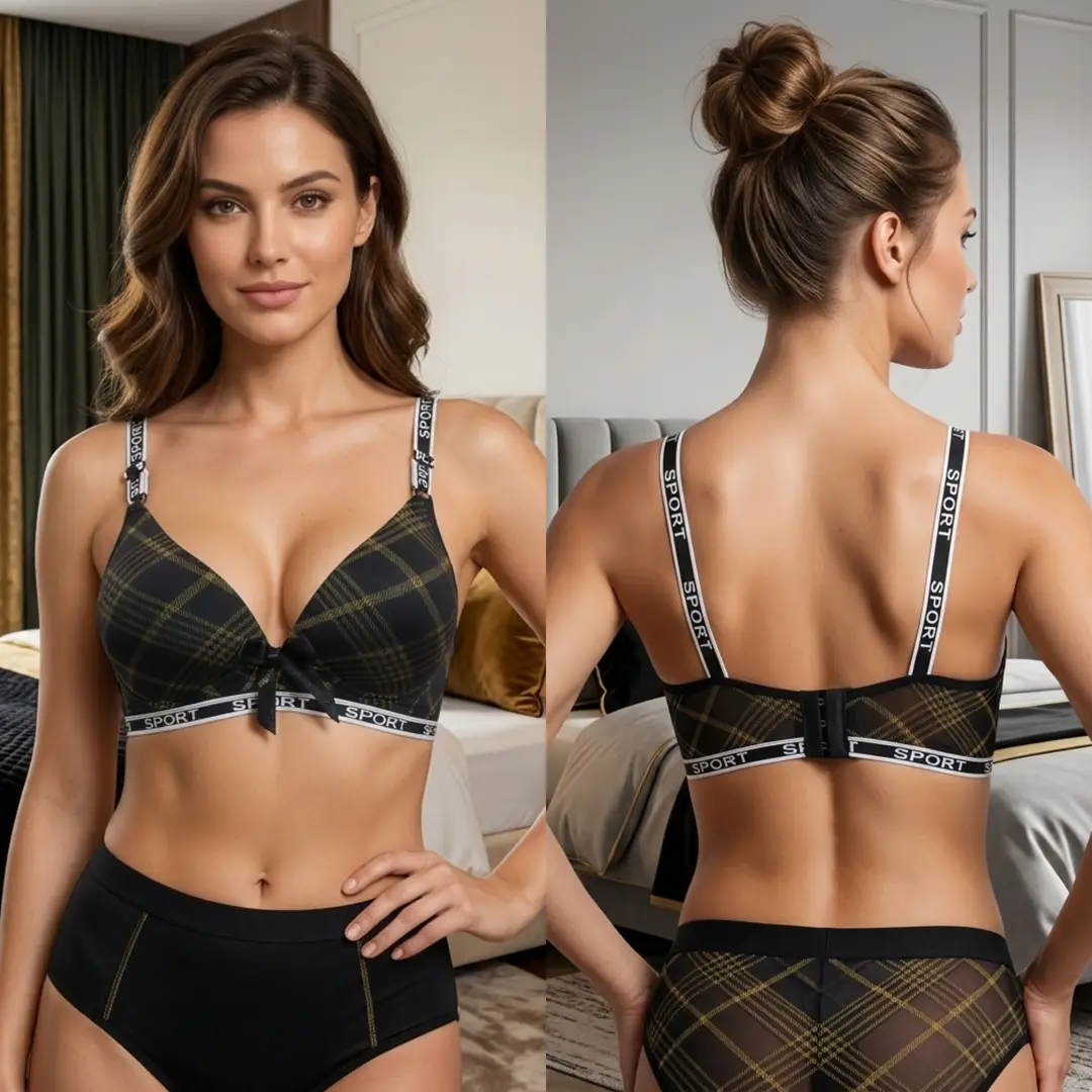 Women's Plaid Print Wirefree Padded Sports Bra, Wide 'SPORT' Elastic Band,