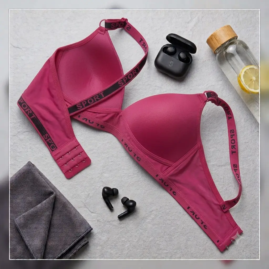 Women's Plaid Print Wirefree Padded Sports Bra, Wide 'SPORT' Elastic Band,
