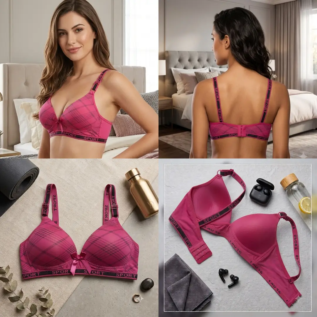 Women's Plaid Print Wirefree Padded Sports Bra, Wide 'SPORT' Elastic Band,