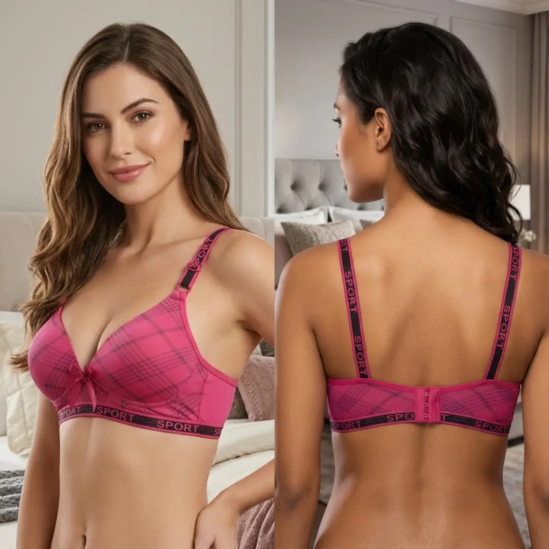 Women's Plaid Print Wirefree Padded Sports Bra, Wide 'SPORT' Elastic Band,