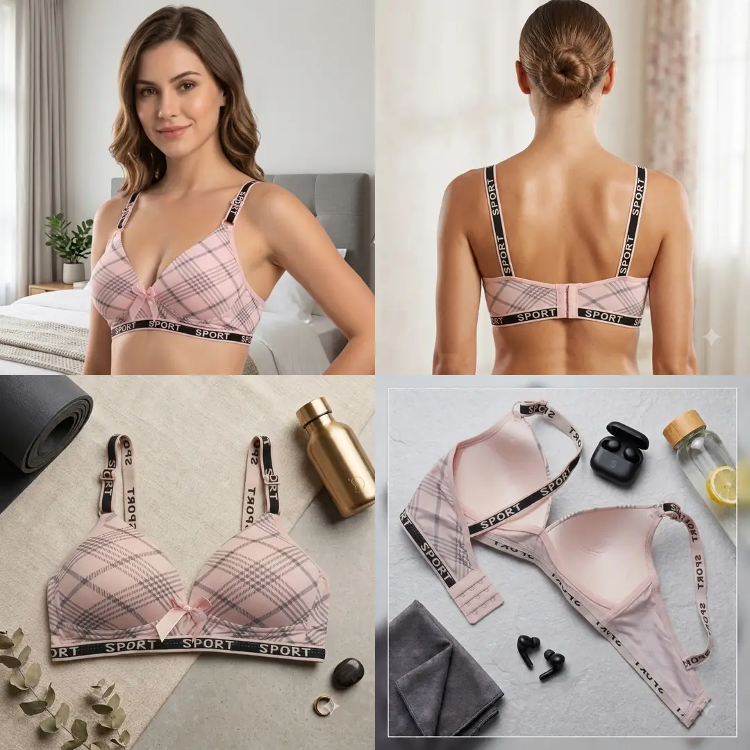 Women's Plaid Print Wirefree Padded Sports Bra, Wide 'SPORT' Elastic Band,