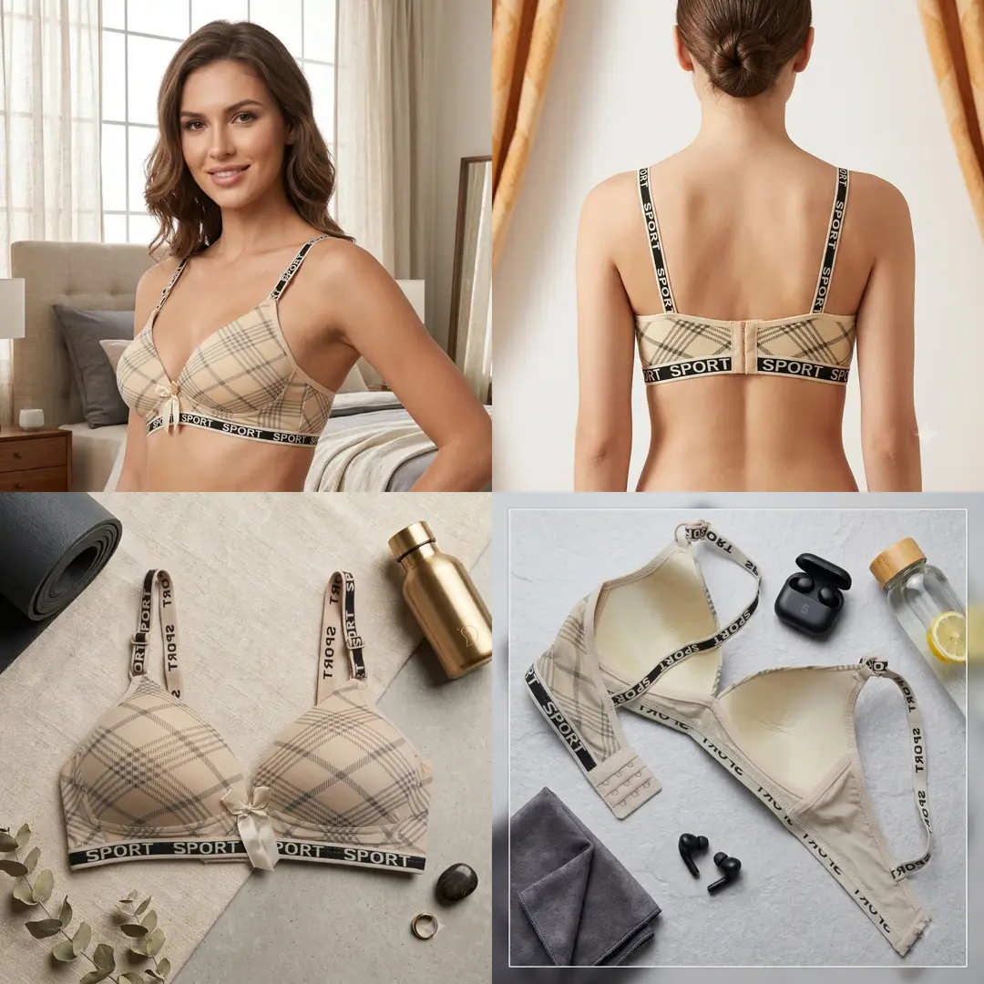Women's Plaid Print Wirefree Padded Sports Bra, Wide 'SPORT' Elastic Band,