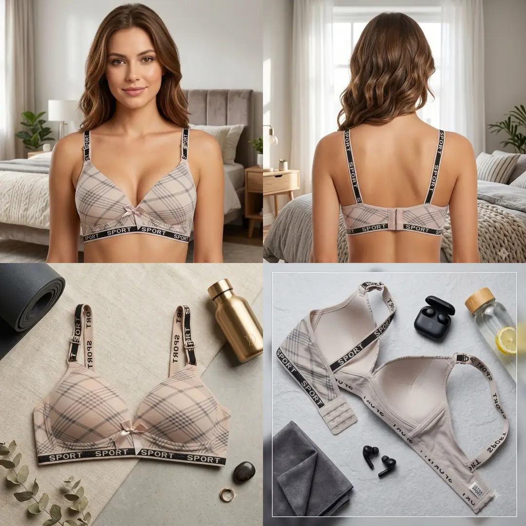 Women's Plaid Print Wirefree Padded Sports Bra, Wide 'SPORT' Elastic Band,