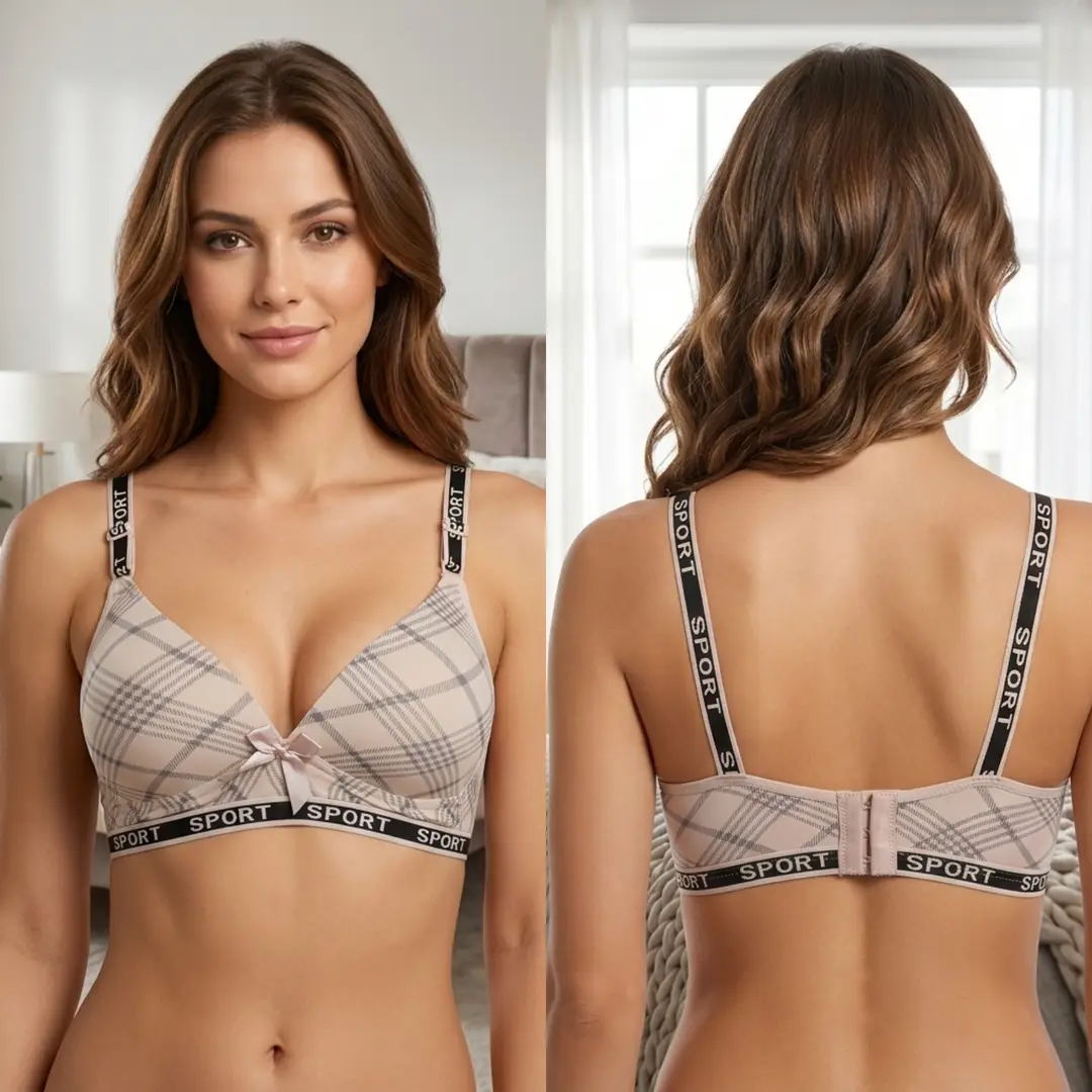 Women's Plaid Print Wirefree Padded Sports Bra, Wide 'SPORT' Elastic Band,