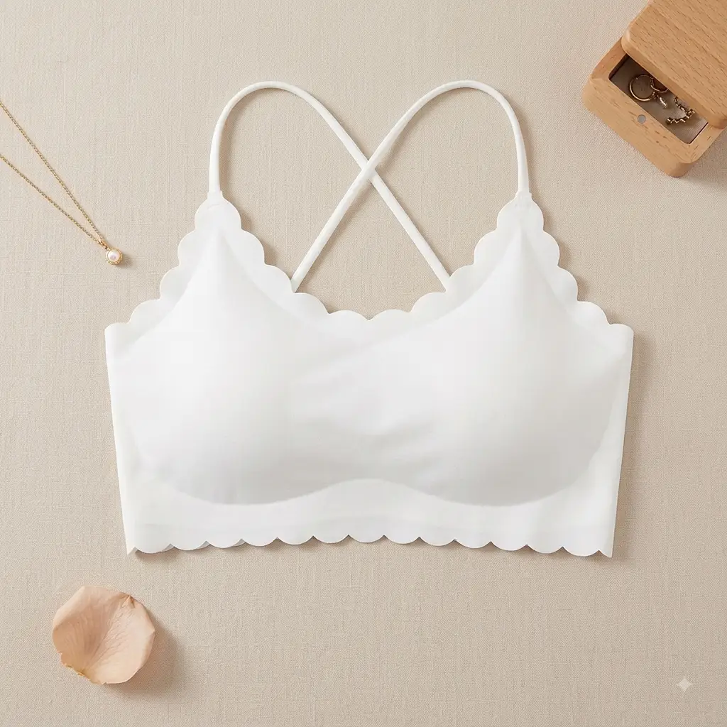 Women's Seamless Scallop Trim Wire-Free Padded Bra with Stylish Criss-Cross Back,