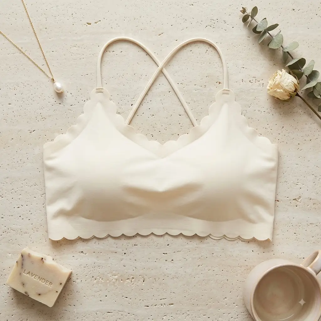 Women's Seamless Scallop Trim Wire-Free Padded Bra with Stylish Criss-Cross Back,