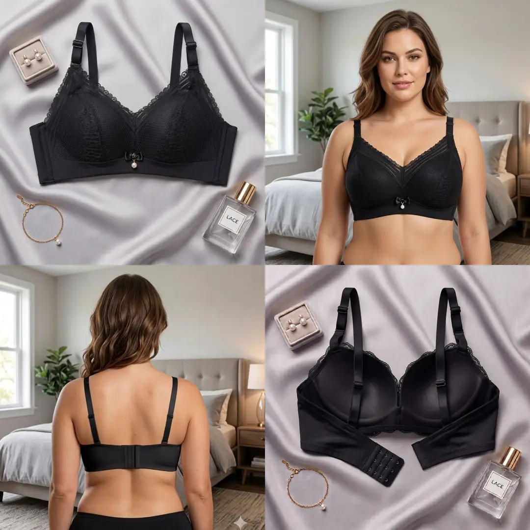 Women's Elegant Floral Lace Wire-Free Bra, Full Coverage Soft Padded Bra with Pearl Pendant Charm & Wide Back Smoothing