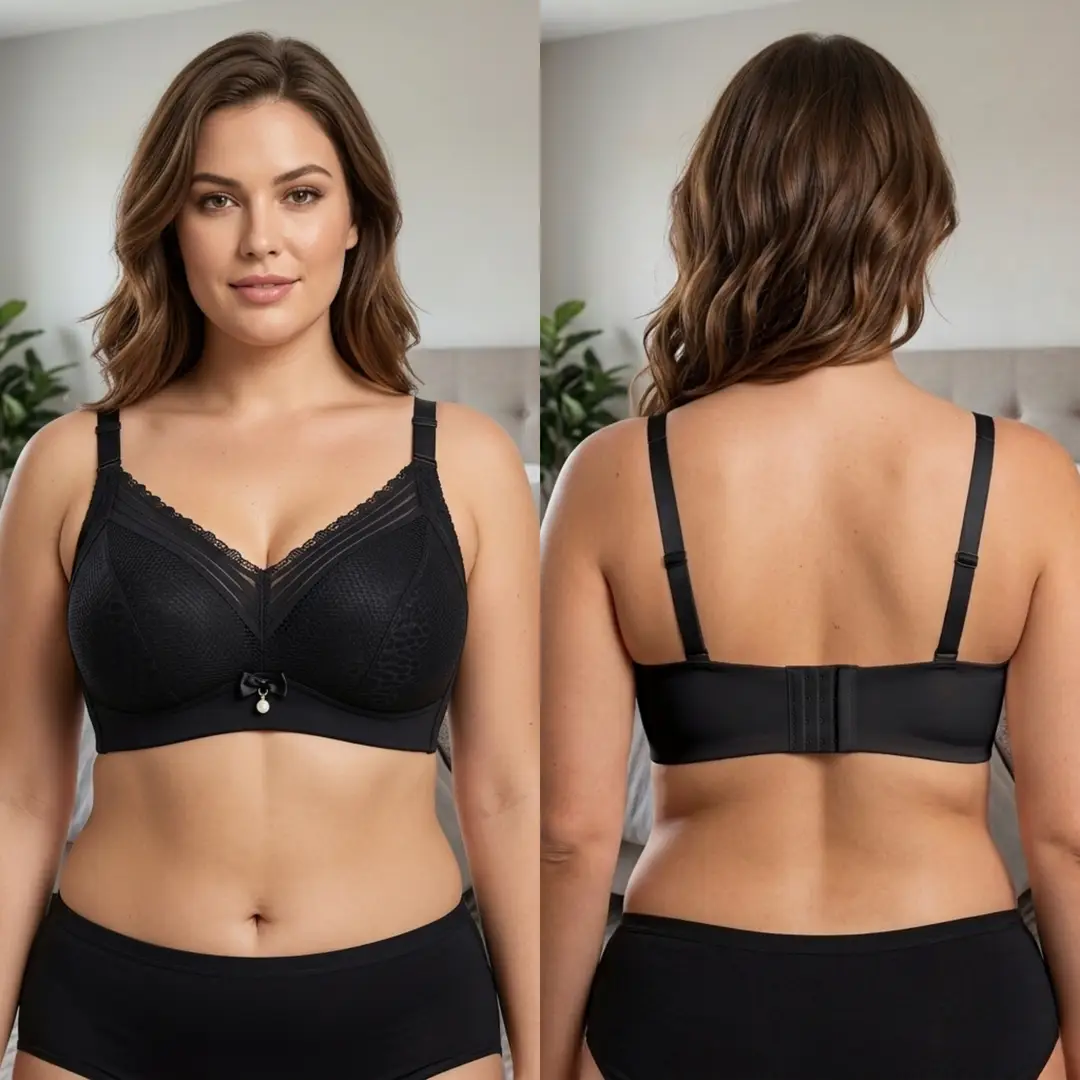 Women's Elegant Floral Lace Wire-Free Bra, Full Coverage Soft Padded Bra with Pearl Pendant Charm & Wide Back Smoothing