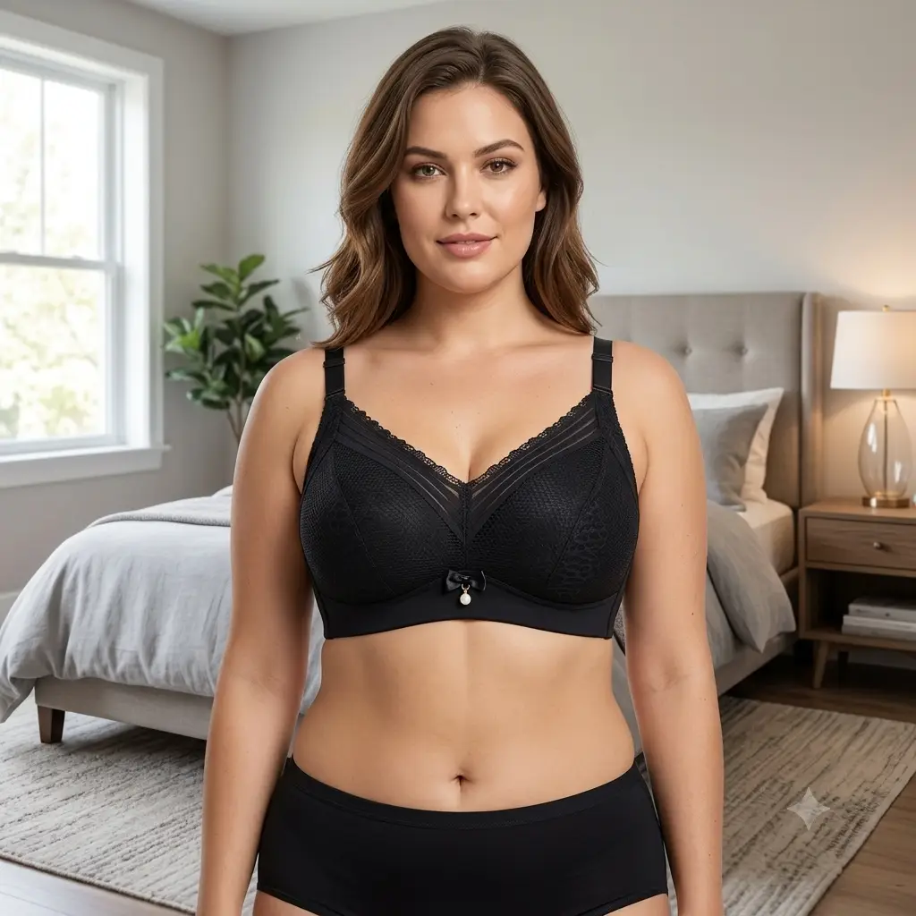 Women's Elegant Floral Lace Wire-Free Bra, Full Coverage Soft Padded Bra with Pearl Pendant Charm & Wide Back Smoothing