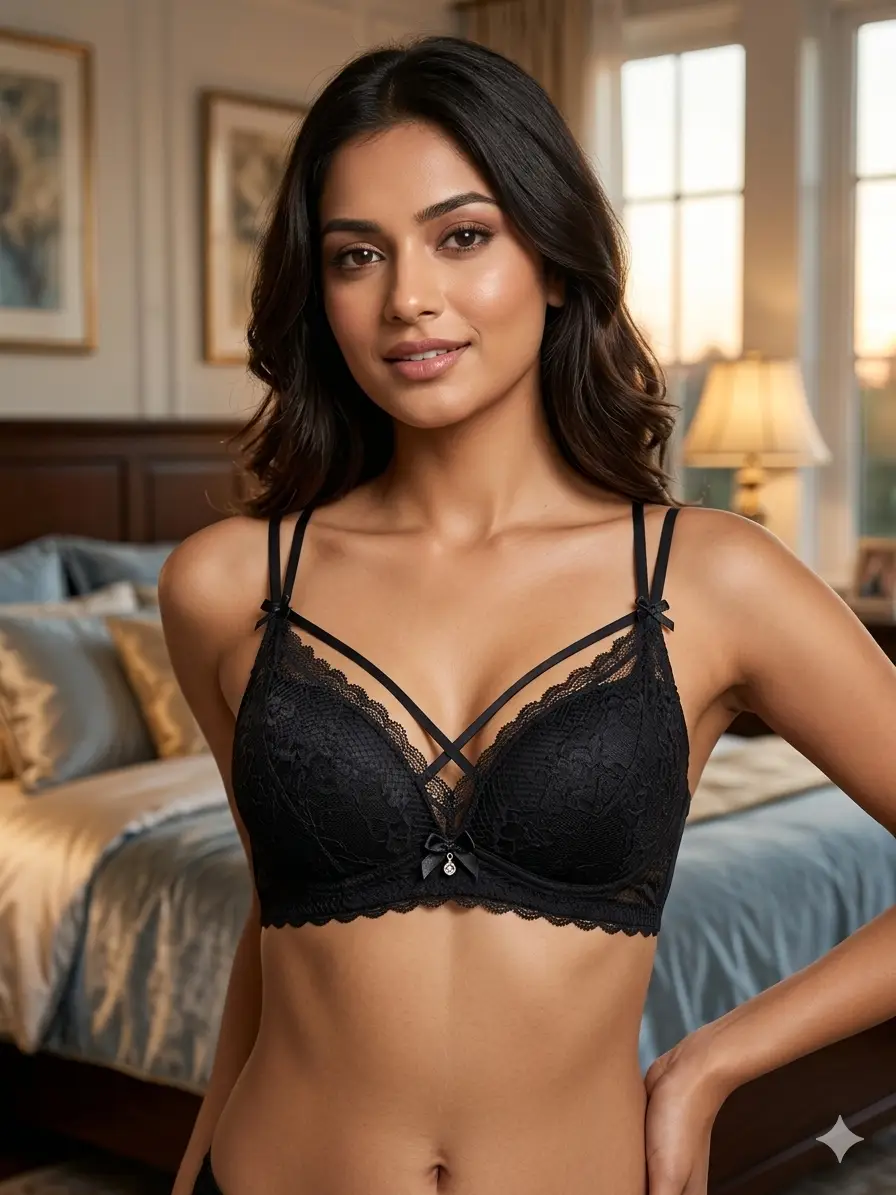 Women's Floral Lace Wire-Free Bra, Cross-Front Caged Straps & Double Shoulder Straps,