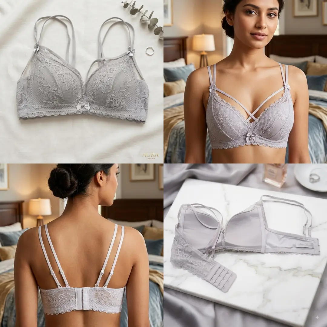 Women's Floral Lace Wire-Free Bra, Cross-Front Caged Straps & Double Shoulder Straps,
