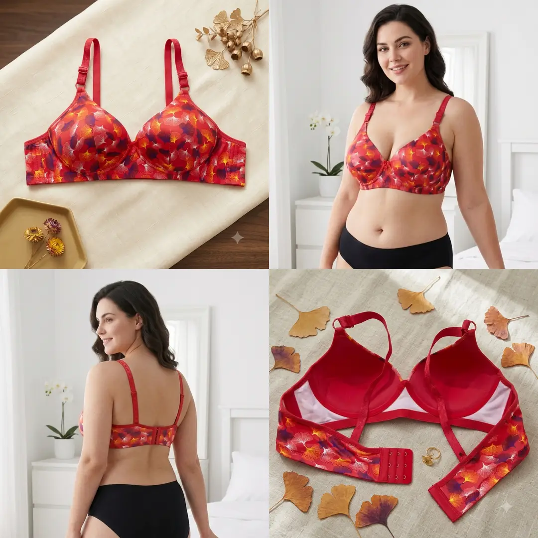 Women's Ginkgo Leaf Print Wire-Free Bra, Soft Molded Padded T-Shirt Bra