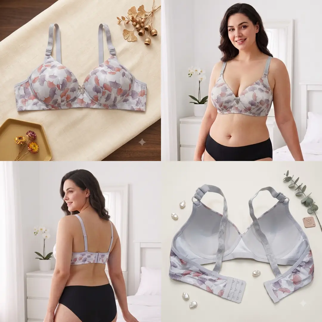 Women's Ginkgo Leaf Print Wire-Free Bra, Soft Molded Padded T-Shirt Bra