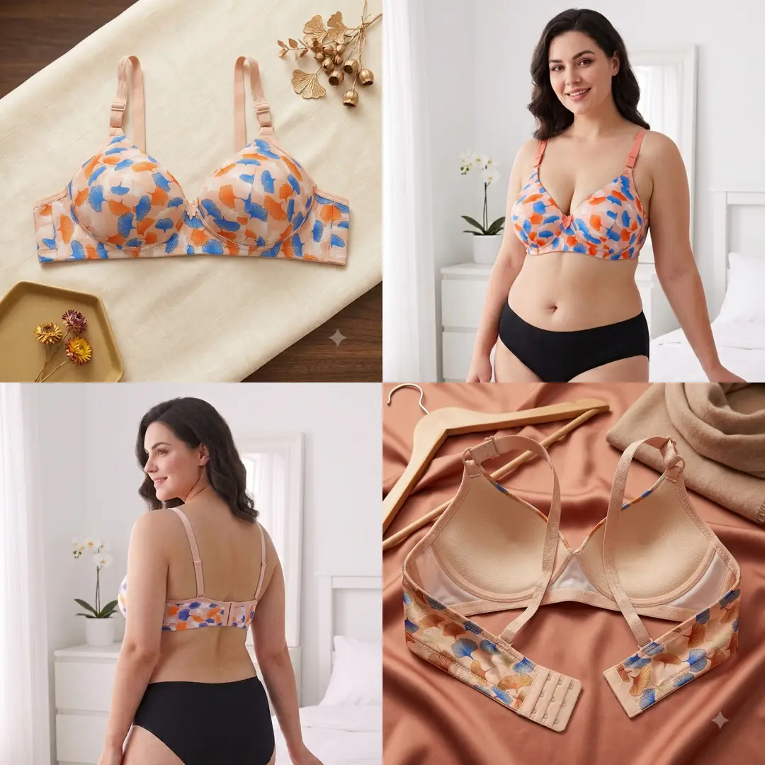 Women's Ginkgo Leaf Print Wire-Free Bra, Soft Molded Padded T-Shirt Bra