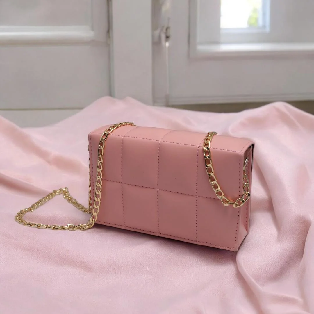 Pink Crossbody Bag with Gold Chain Strap for Girls