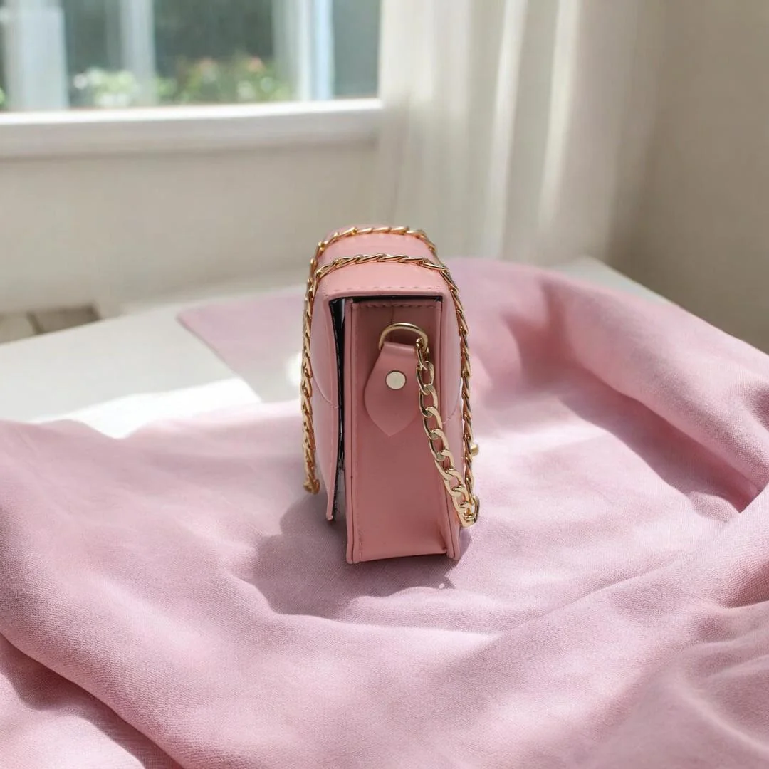 Pink Crossbody Bag with Gold Chain Strap for Girls