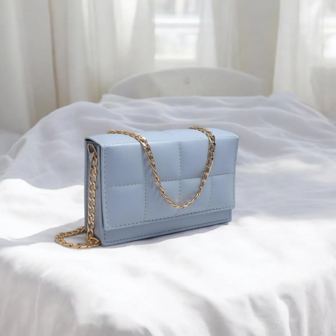 Sky Blue Quilted Crossbody Bag with Gold Chain Strap