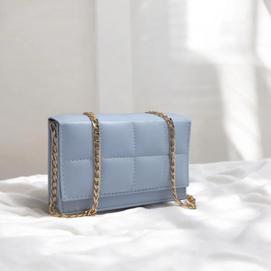 Sky Blue Quilted Crossbody Bag with Gold Chain Strap