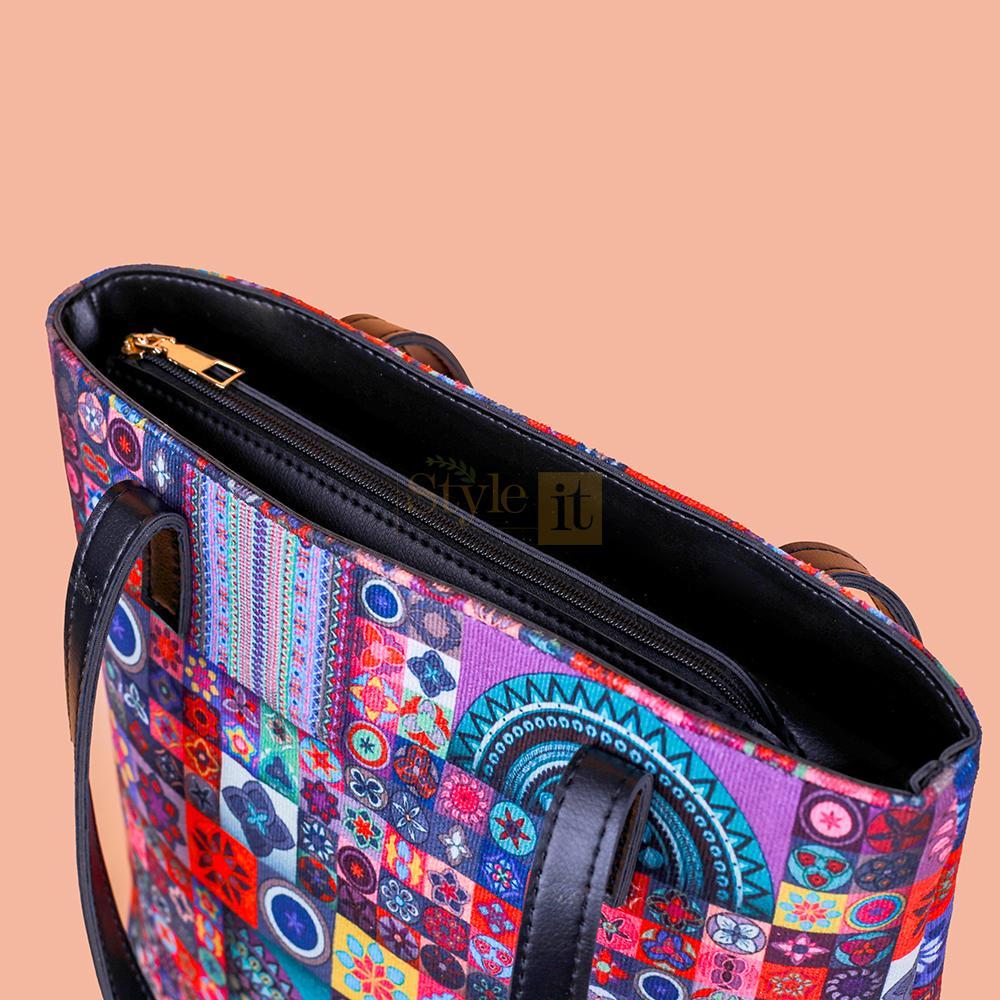 Handcrafted PU Leather Shoulder Bag with Floral Patchwork Design