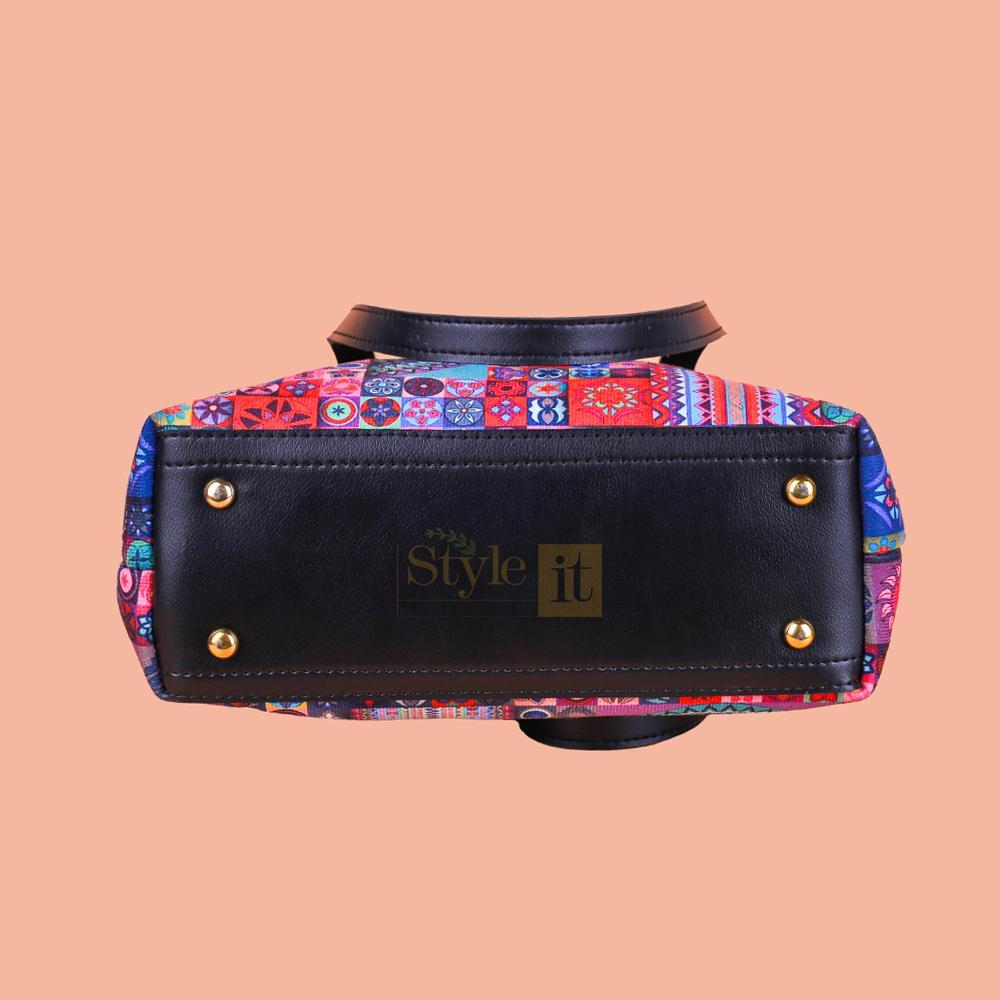 Handcrafted PU Leather Shoulder Bag with Floral Patchwork Design