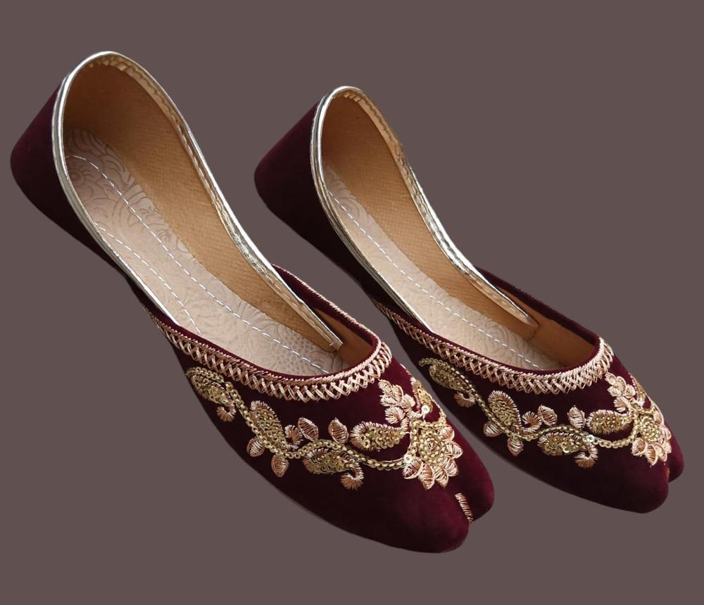 Maroon Velvet Khussas with Golden Embroidery for Weddings