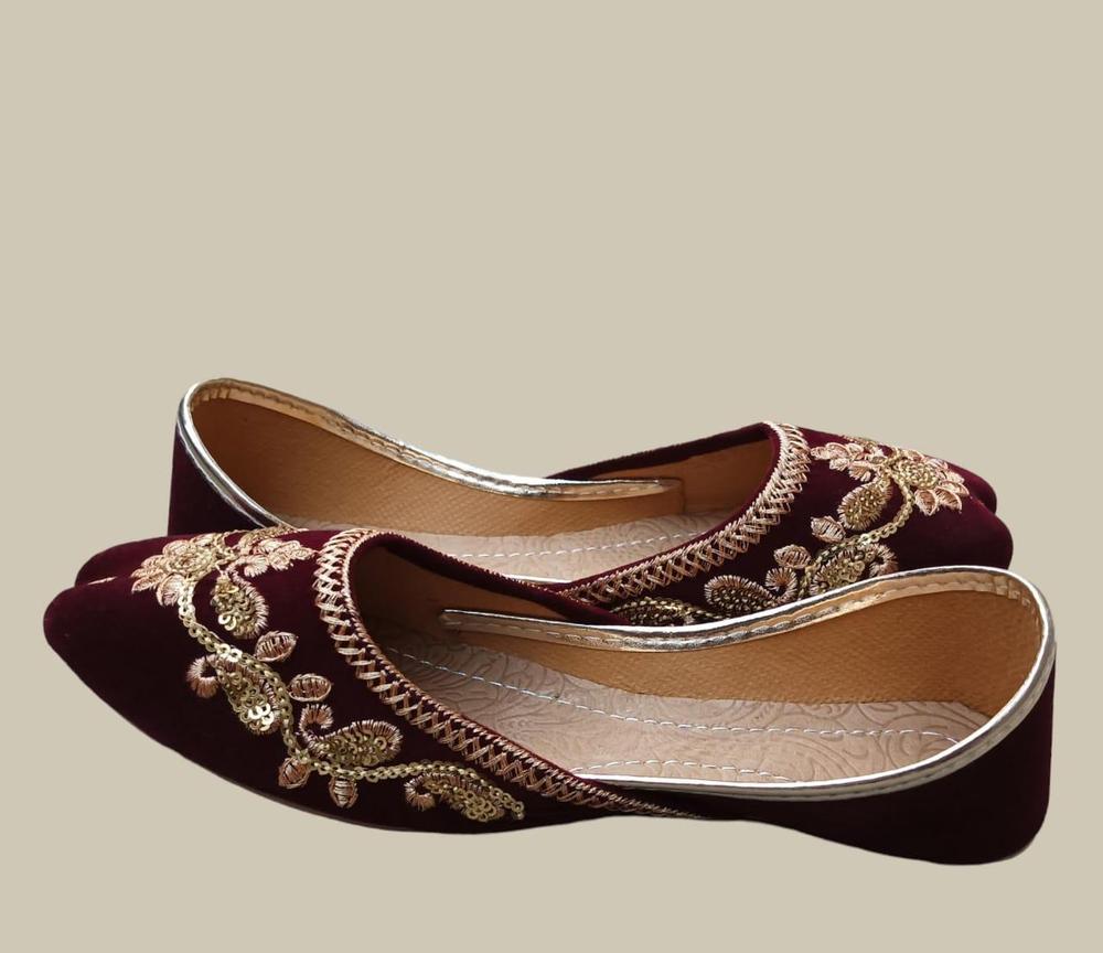 Maroon Velvet Khussas with Golden Embroidery for Weddings