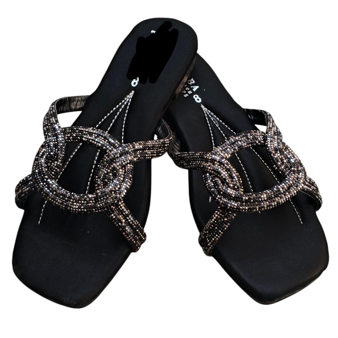 Women's Black Rhinestone Satin Formal Flats Size 6-10