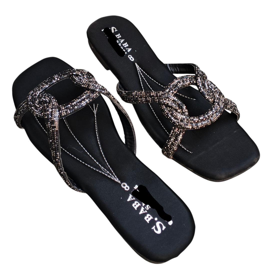 Women's Black Rhinestone Satin Formal Flats Size 6-10