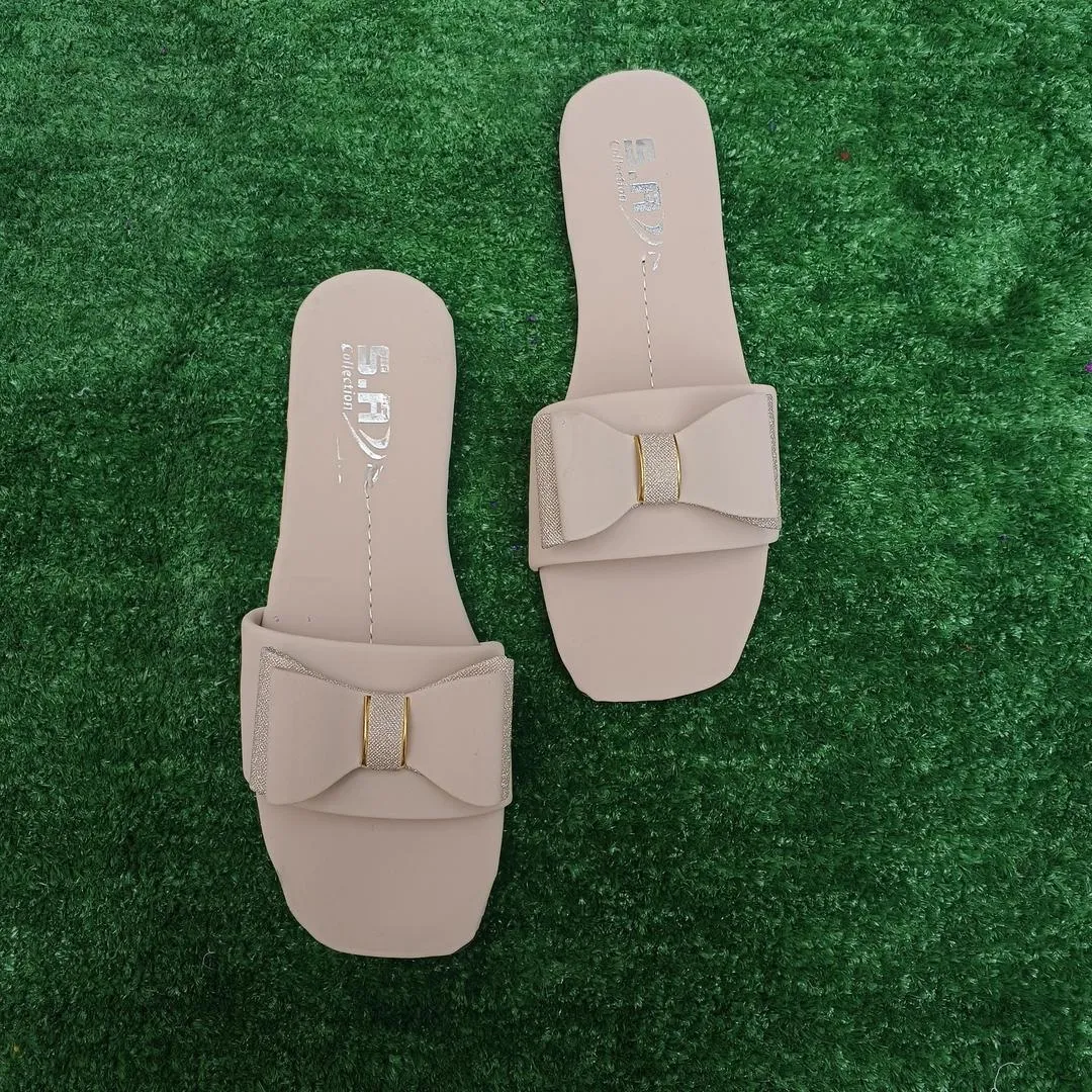 Women's Off White Rexine Bow Slides Casual Formal Wear