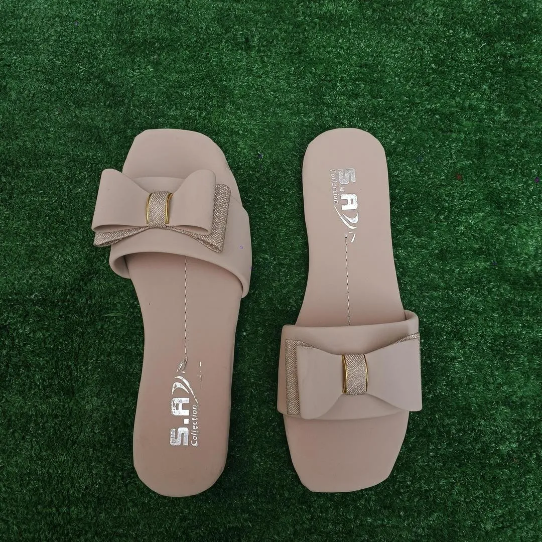 Women's Off White Rexine Bow Slides Casual Formal Wear