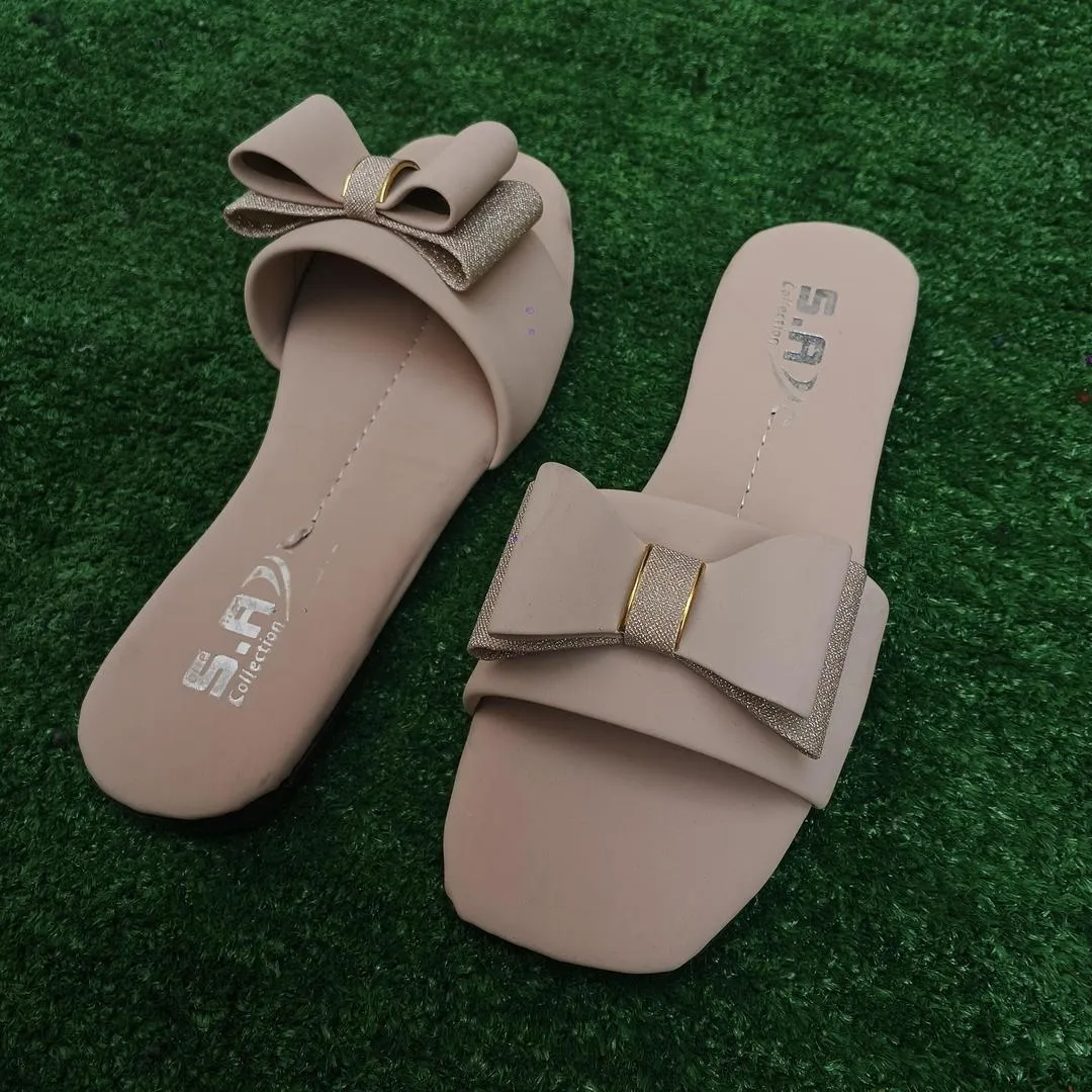 Women's Off White Rexine Bow Slides Casual Formal Wear