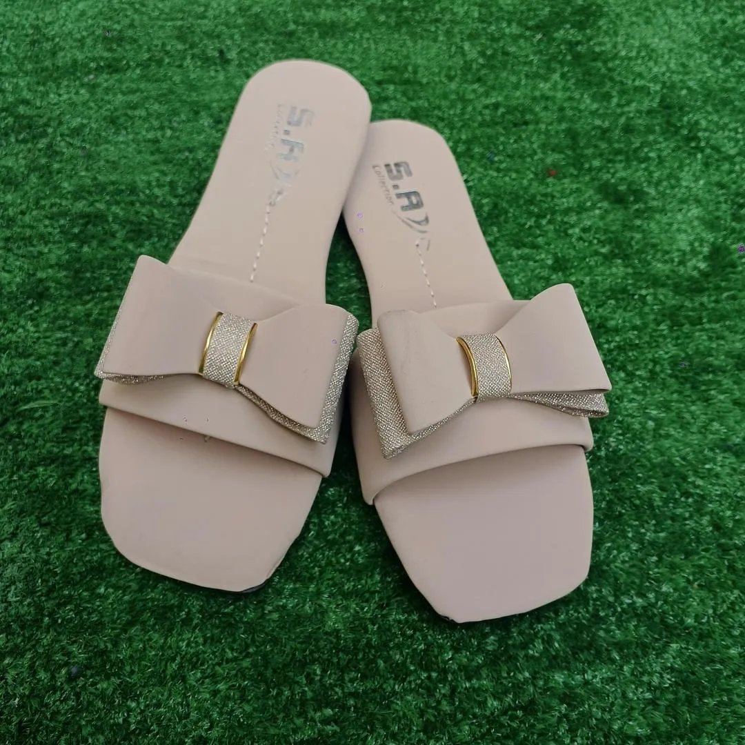 Women's Off White Rexine Bow Slides Casual Formal Wear