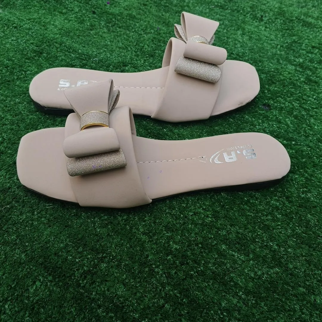 Women's Off White Rexine Bow Slides Casual Formal Wear