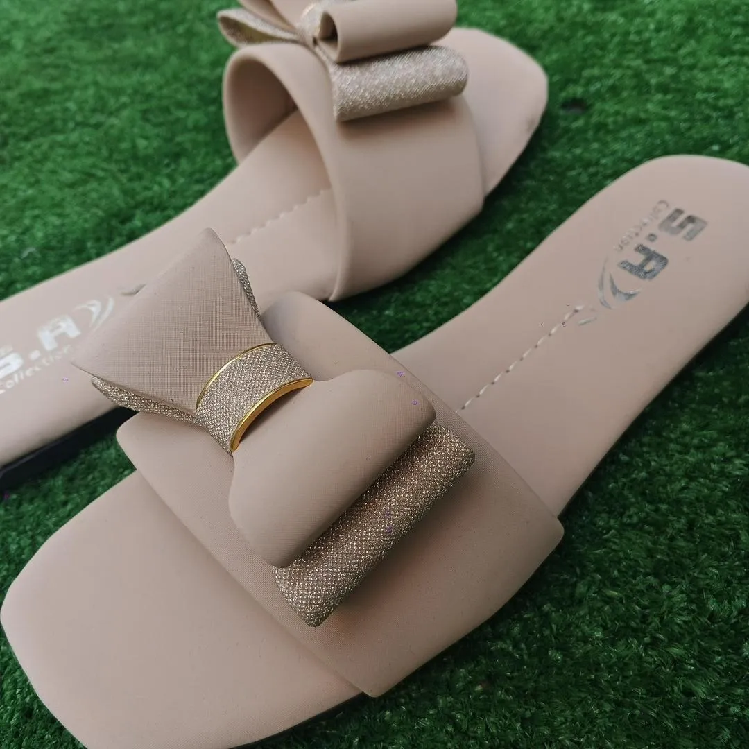 Women's Off White Rexine Bow Slides Casual Formal Wear