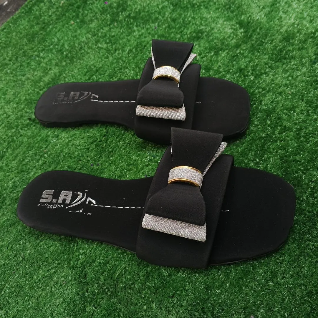 Women's Black Rexine Bow Slides Casual Formal Wear