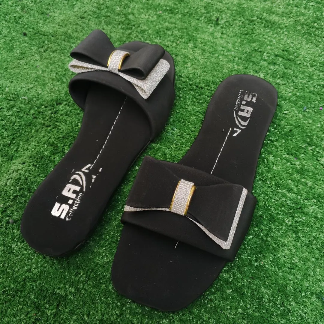 Women's Black Rexine Bow Slides Casual Formal Wear