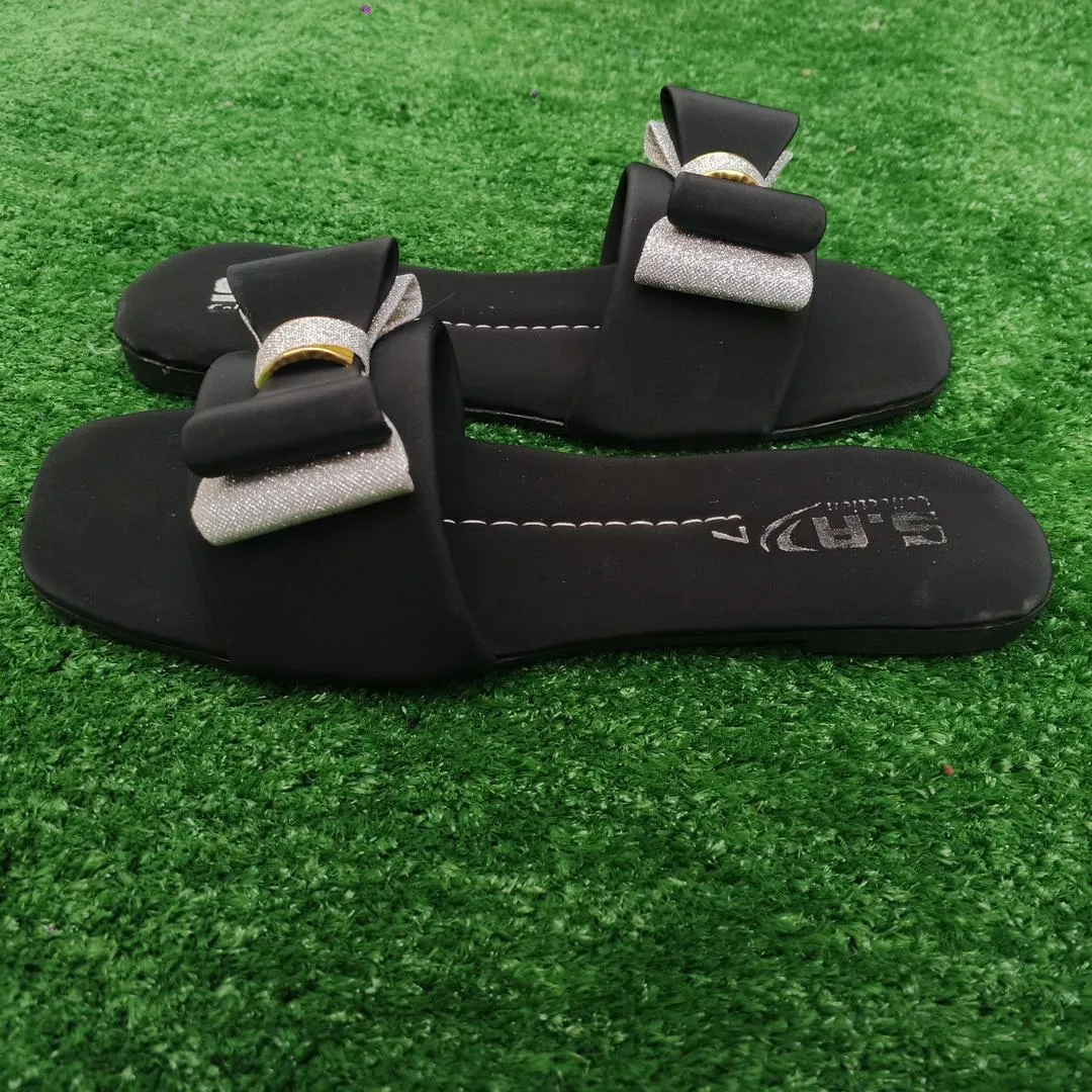 Women's Black Rexine Bow Slides Casual Formal Wear
