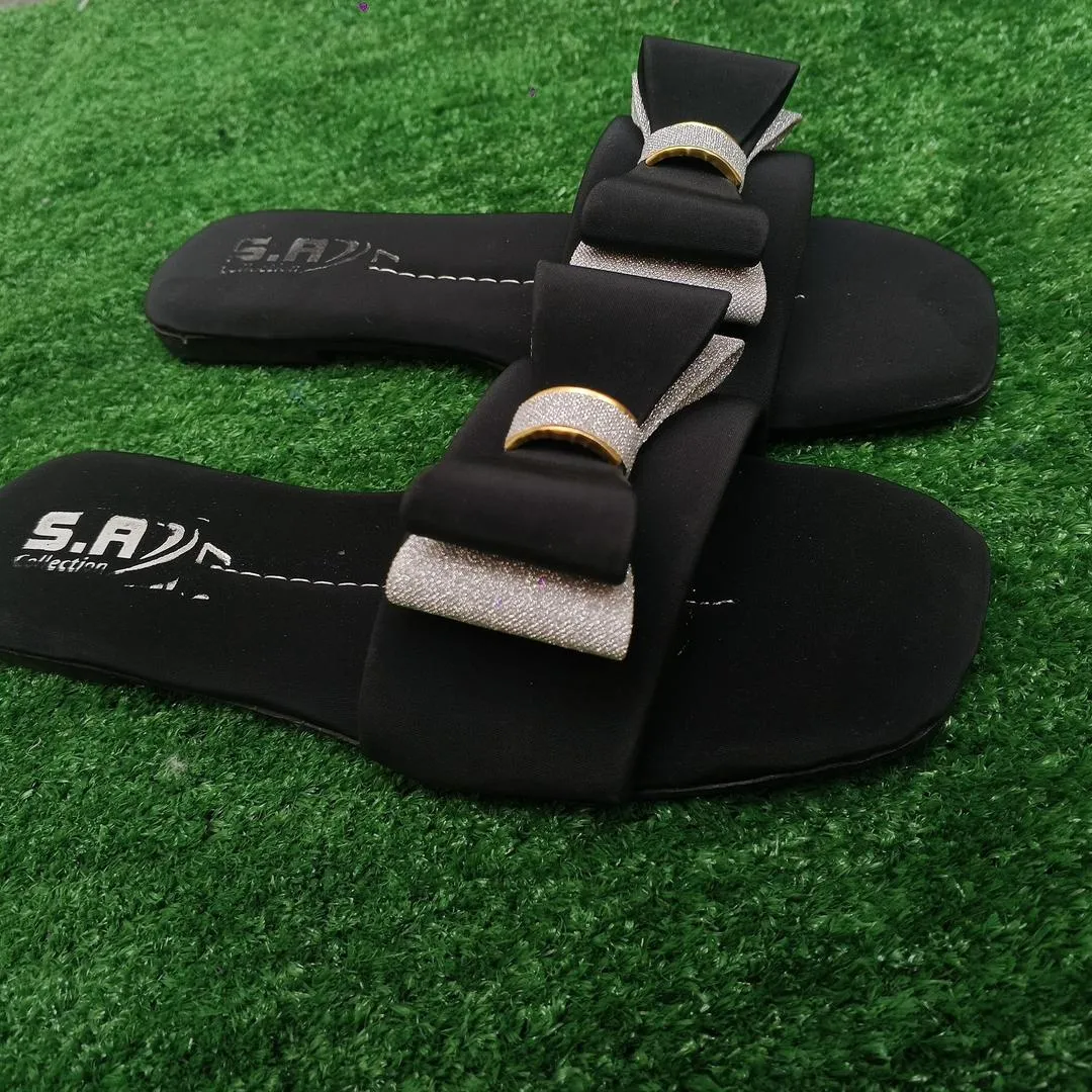 Women's Black Rexine Bow Slides Casual Formal Wear