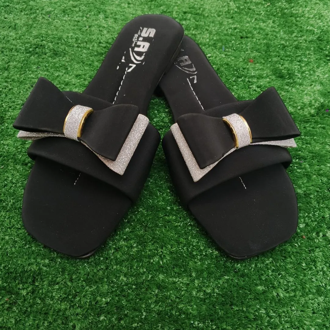 Women's Black Rexine Bow Slides Casual Formal Wear